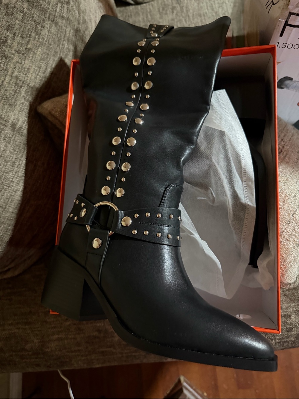 Studded Black Mid-Calf Western Boot with Buckle Detail